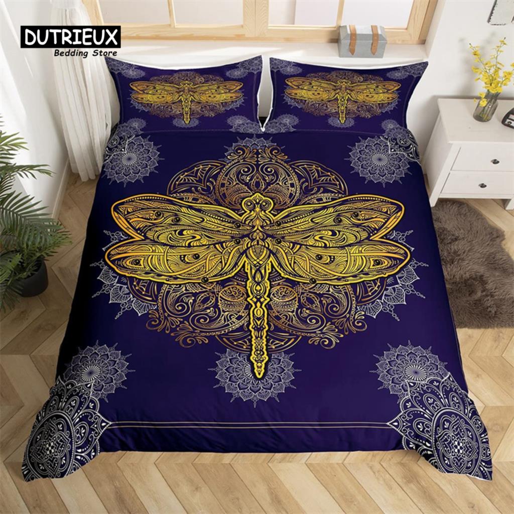Breathable Trendy King Queen Dragonfly Size Chic Animal Polyester Bohemia Mandala Flowers Bed Comforter