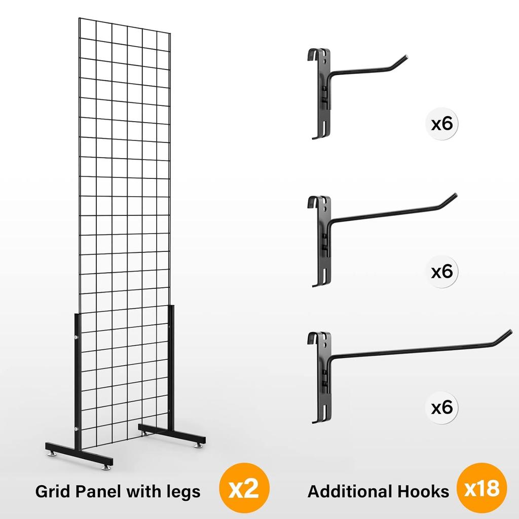 Bonnlo 6' x 2' Tel Izgara Panel Kule, T-Tabanlı Ayaklı, Daha Kalın 5mm Tel, 180 LBS Ağırlık Kapasiteli Izgara Duvar Teşhir Rafı, 4", 6" Kancalı
