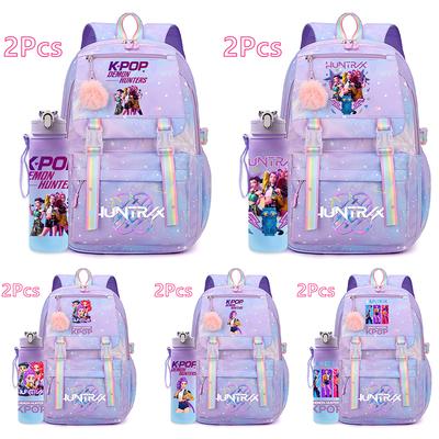 2 Adet/Set Sevimli Anime Kpop Baskılı Sırt Çantası 750Ml Matara Geniş Kapasiteli Seyahat Çantası Genç Kız Erkek Çocuk Kitap Çantası Çocuk Hediyesi Rucksack