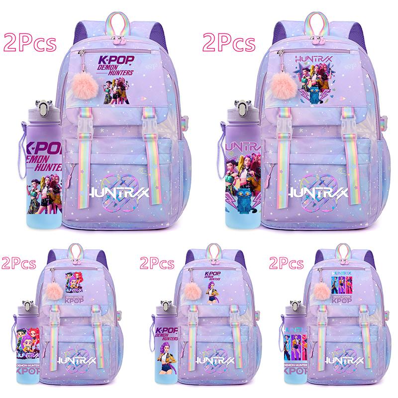 2 st/set Söt Anime Kpop Tryckt Ryggsäck 750 ml Vattenflaska Stor Kapacitet Resväska för Tonårsflicka Pojke Bokväska Barnpresent Rucksak
