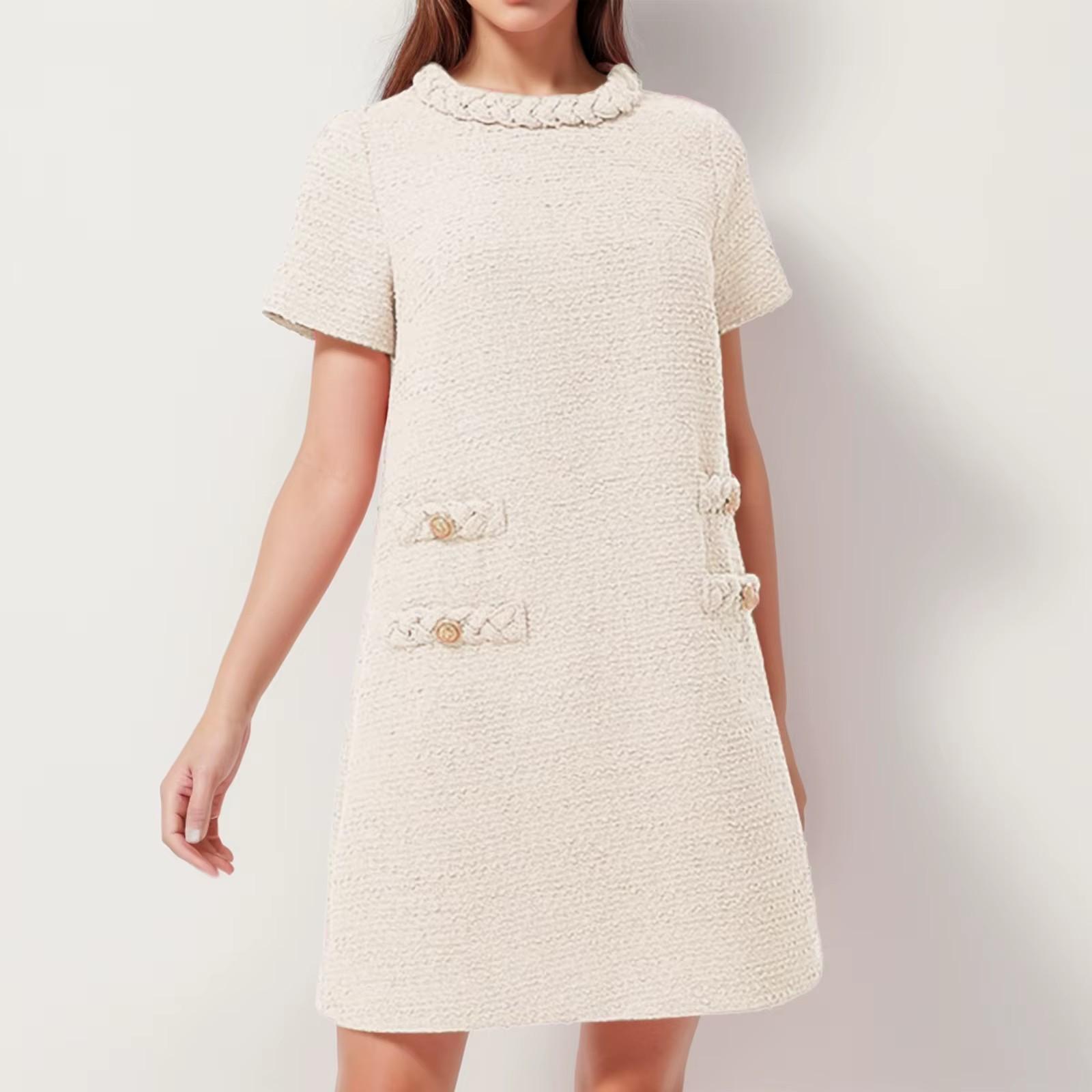 

Жіночі милі короткі сукні у французькому стилі, елегантні твідові однотонні пуловери на ґудзиках, сукня міді для офісних жінок, короткі офіційні сукні XS бежевий