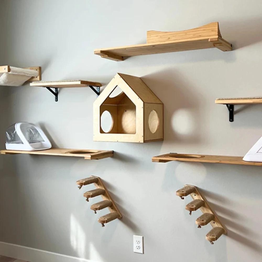 Wall-Mounted Cat Furniture Climbing Shelf with Steps and Stairway Sisal Rope for Scratching and Claw Grinding Cat Ladder