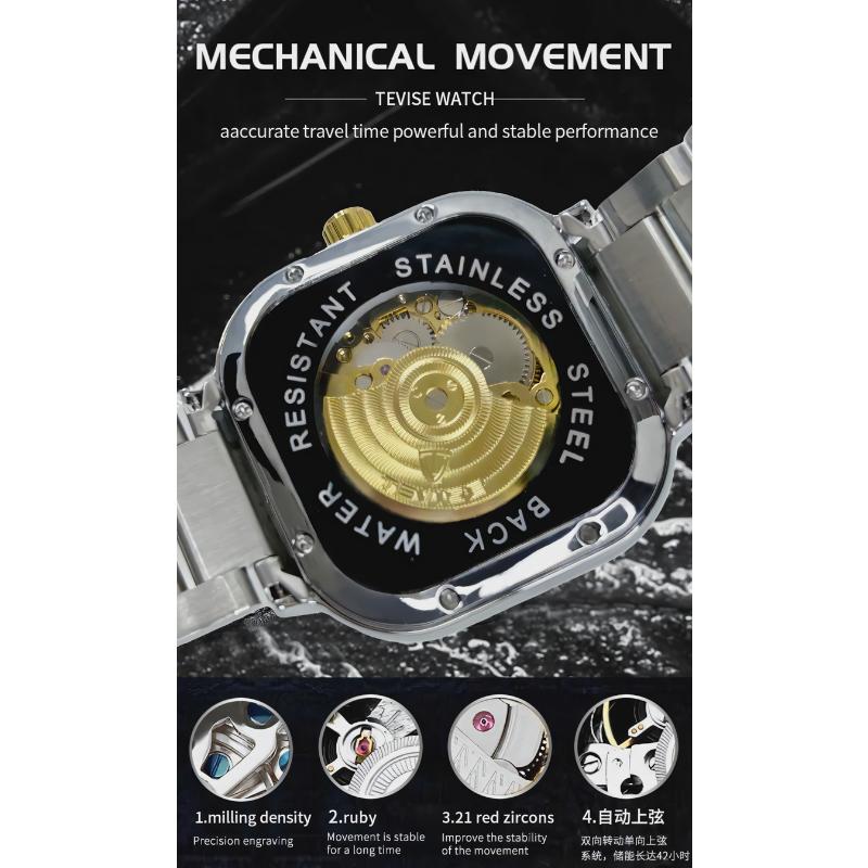 TEVISE Luminous Square Hollow Dial Men's Stainless Steel Waterproof Automatic Mechanical Watch Fashion Business Skeleton Watches