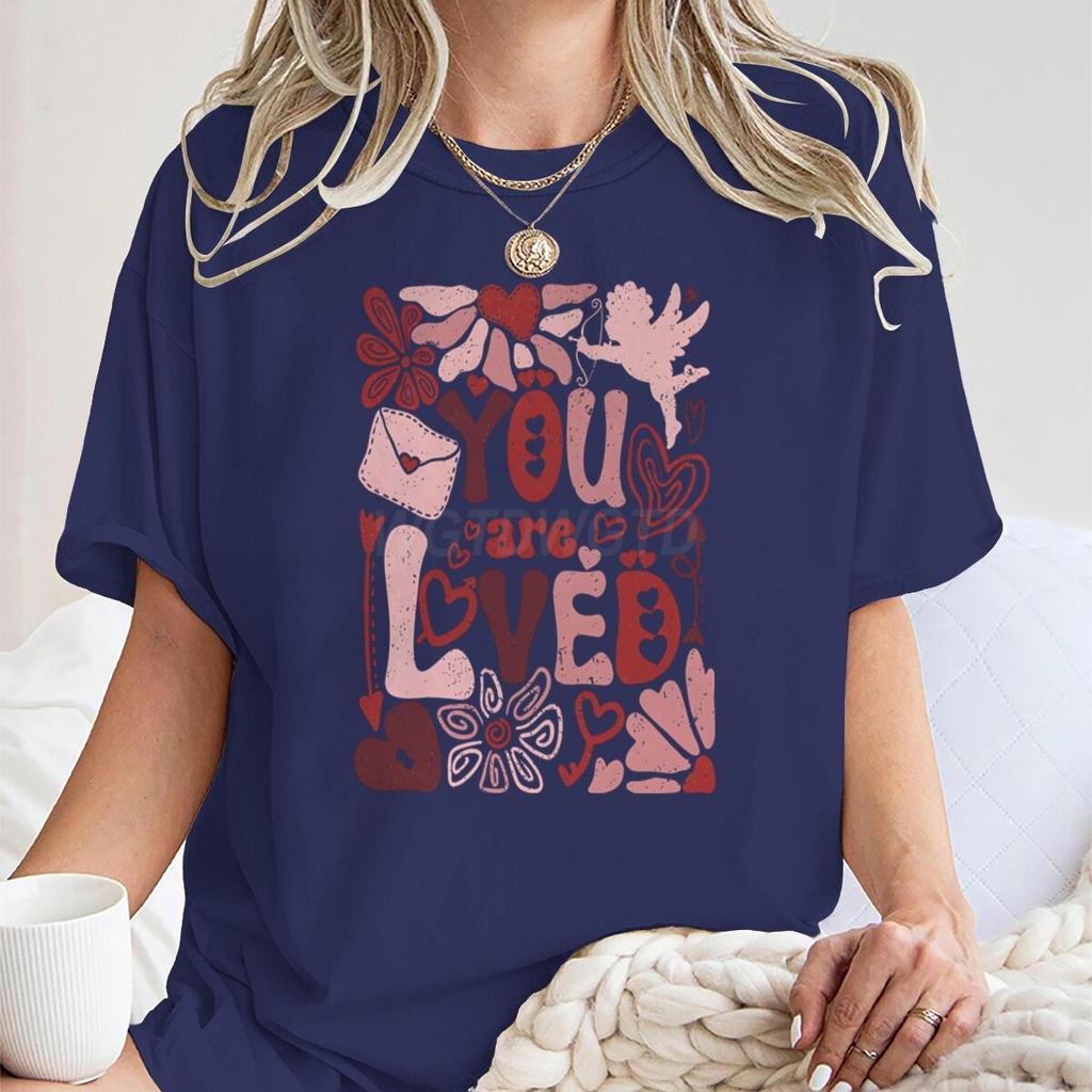 You Are Loved Graphic T Shirts Women Boho Valentine Floral Design Womens Clothing Valentines Day Heart Coquette Retro Tee Top