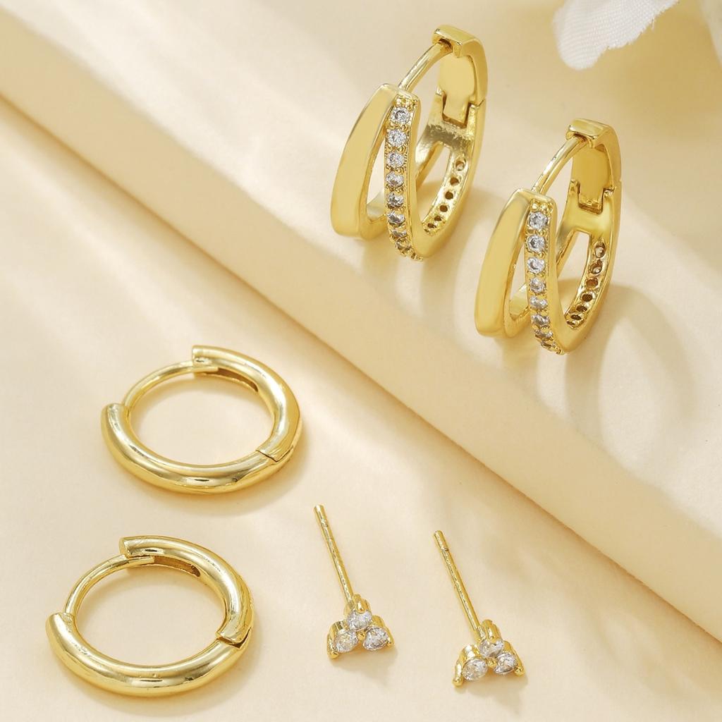 3 Pcs Set Hoop Stud Earrings for Women, Multiple Piercing CZ Crystal Triangle Studs Stackable Huggie Earrings Set Jewelry