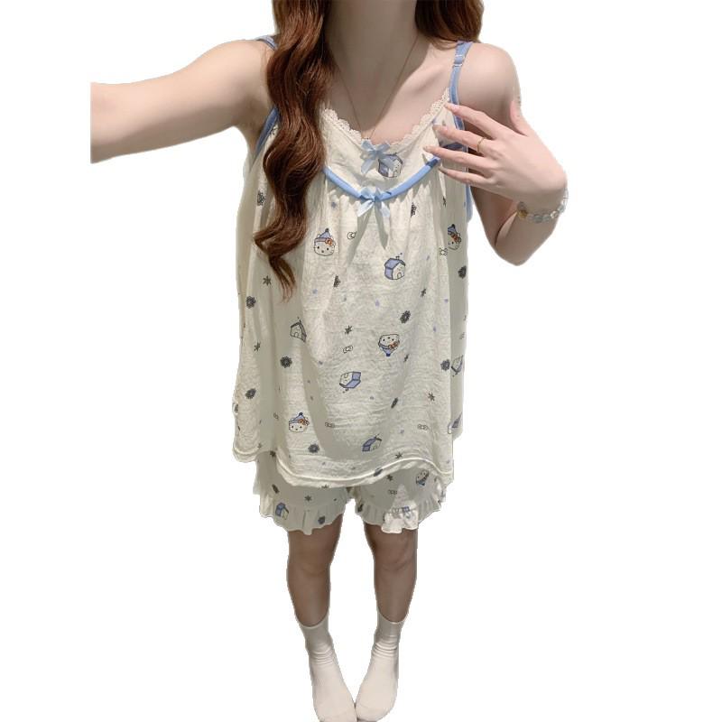 Korean Style Petite Women's Pajama Set with Chest Pads and Sweet Bow Summer Camisole, Suitable for Outdoor Wear