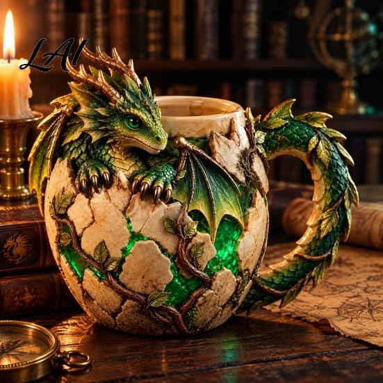 Tabletop Display Ornament Fantasy Dragon Egg Mug Stainless Steel Liner 3D Relief Baby Theme Party Props Coffee Cup Realistic Resin Desktop for Home