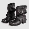 Fashion Black Leather Thick Bottom Botines Para Mujeres Fashion Round Toe Metal Buckle Winter Boot Retro Square Heel Pleated Knight Boot