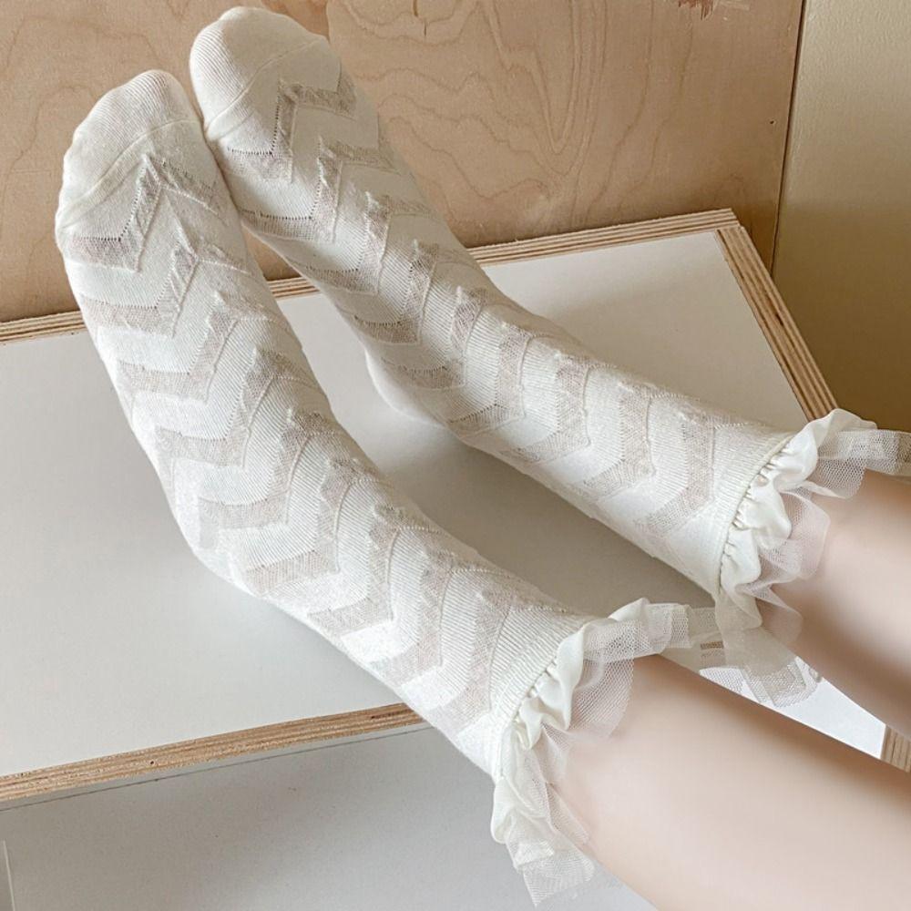 

French Mid Tube Socks White Cotton Socks Sweet Ruffle Socks Women Lolita Pearl