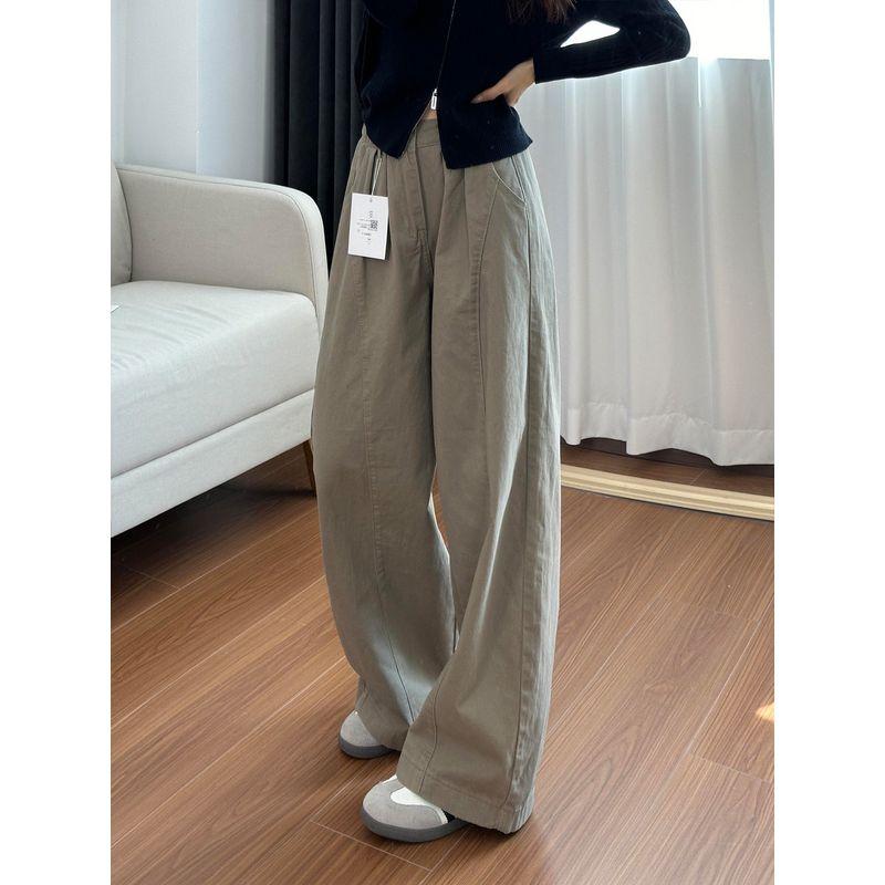 Khaki American-Style Straight-Leg Curved Pants for Women, Summer Thin Plus-Size Slimming Wide-Leg Casual Cargo Pants