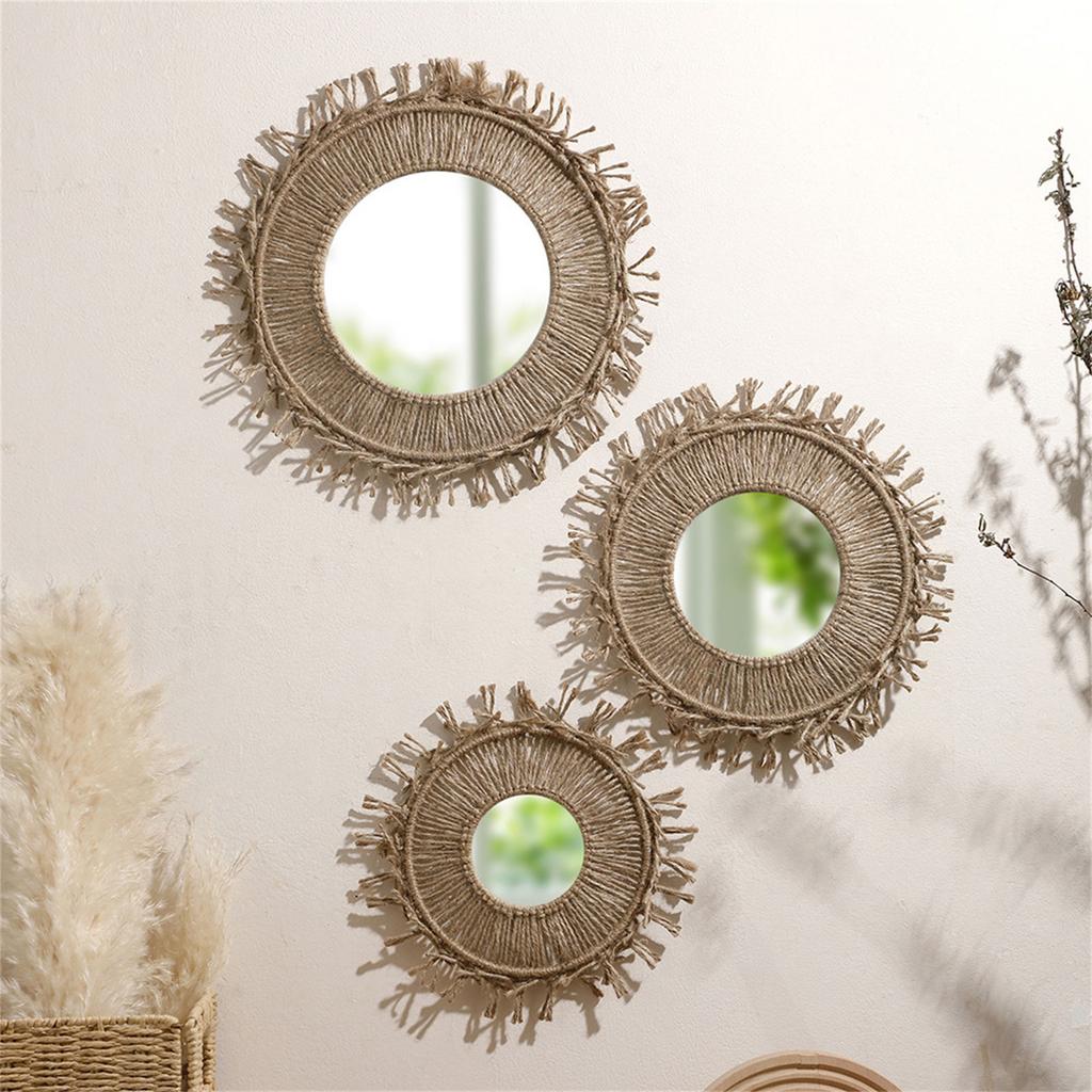 Round Wall Mirror Handwoven Cotton Rope Macrames Fringed Tassels Hanging Makeup Mirror for Bedroom Living Room Decors