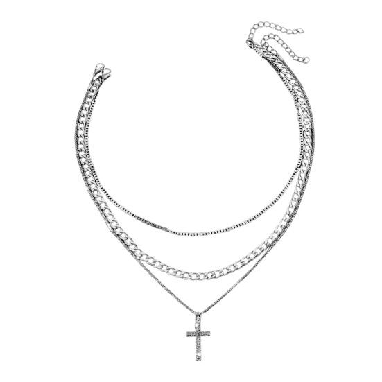 Layered Cross Necklace Crystal Pendant Chain with for Women Rhinestone Multi-Layer Choker Adjustable серебряный