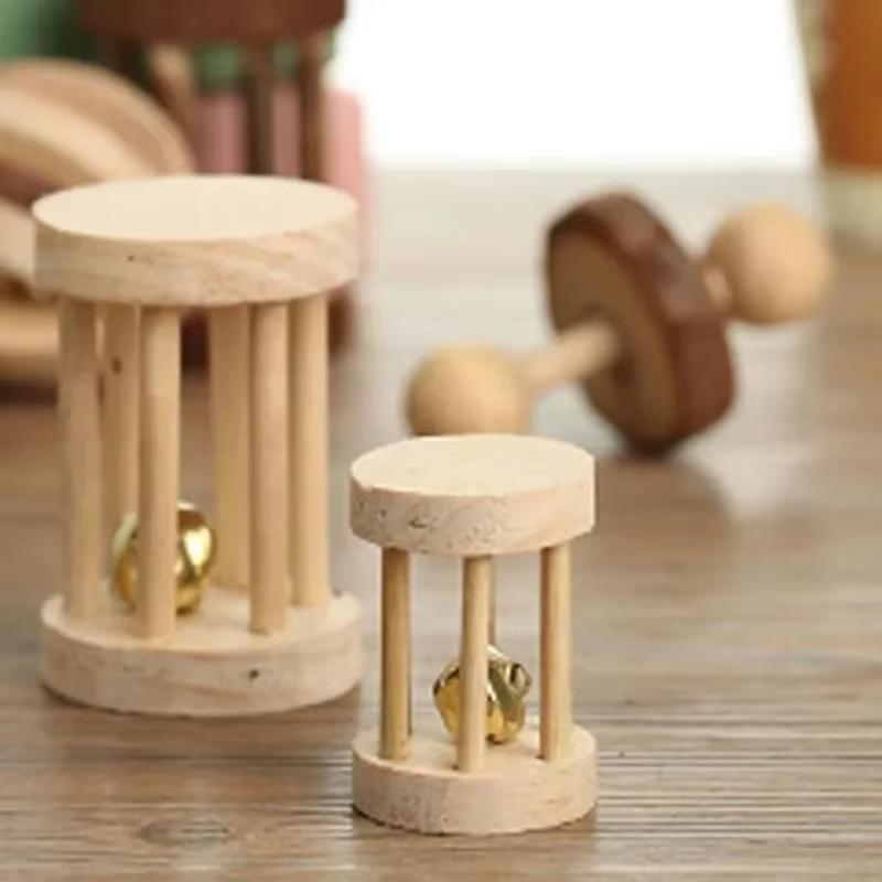 Guinea Pig Rabbit Hamster Small Animal Play Pet Roller Toys Natural Wooden Pine Dumbells Unicycle Bell Chew Chewing Braided Ball