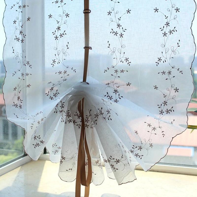 Retro Cotton Linen Lace Embroidered Balloon Pull Up Curtain for Living Room Kitchen Threading Rod Short Window
