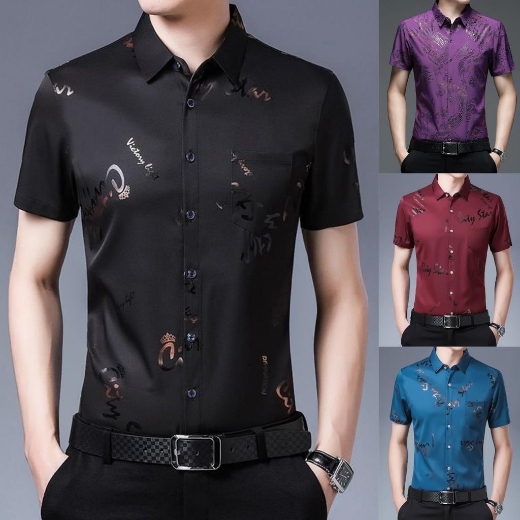 Summer Men's Ice Silk Short-sleeved Shirt Thin Plus Size Breathable Anti-wrinkle Pocket Printed Shirt