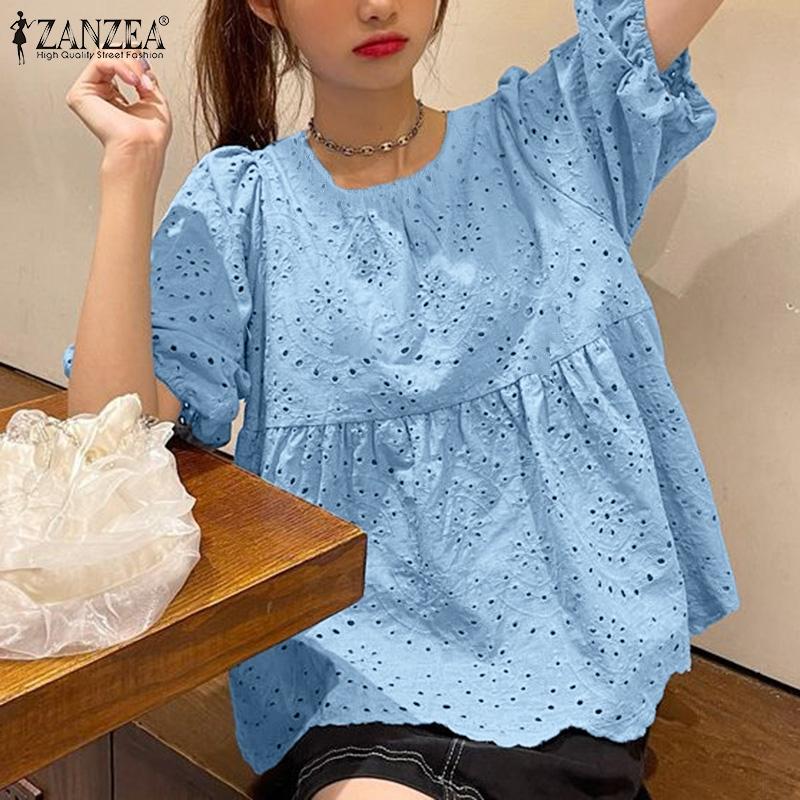 

ZANZEA Женская повседневная летняя блузка с круглым вырезом и кружевом, связанная крючком, с коротким рукавом M белый