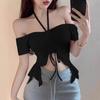 Sexy Hot Girl Halter-neck Off-shoulder Tie-up Off-shoulder Crop Sleeveless T-shirt for Women, Summer Pure and Alluring Short Top for Women, Trendy