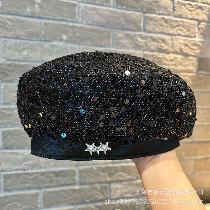 New Sequined Beret Children Spring and Autumn Versatile Show Face Small Painter Hat Show Face Small Big Head Circumference Newsboy Hat