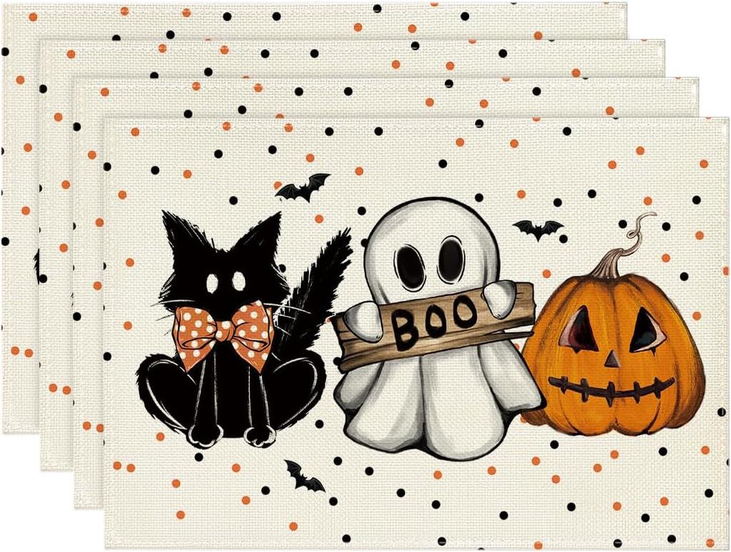 Wood Polka Dot Ghost Cat Boo Halloween Placemats Seasonal Table Mats for Party Kitchen Dining Decoration