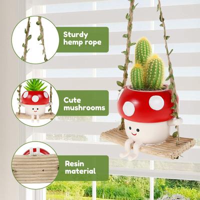 Resin Hanging Planter Pot Cartoon Swing Mushroom Flower Container Succulent Plant Holder for Outdoor Garden Indoor Home Decor
