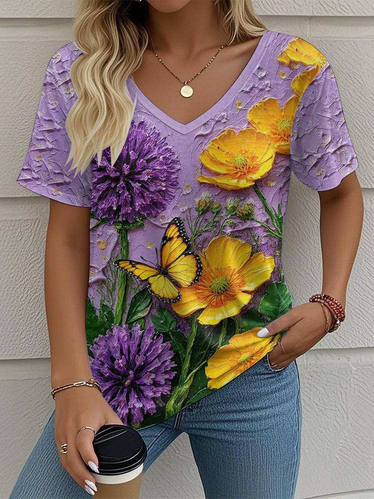 Flower Floral Painting 3D Print T-Shirts Women's V-Neck Short Sleeve T Shirt Y2K Oversized Tees Harajuku Tops Female Clothing