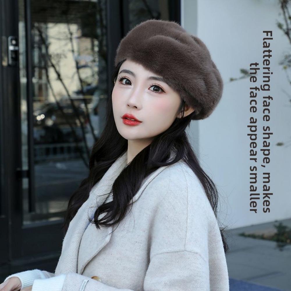 New Beret Women's Mink Hair Hat Pumpkin Foreign Style Fashion Thickened Versatile Octagonal Hat Winter Warm Hat