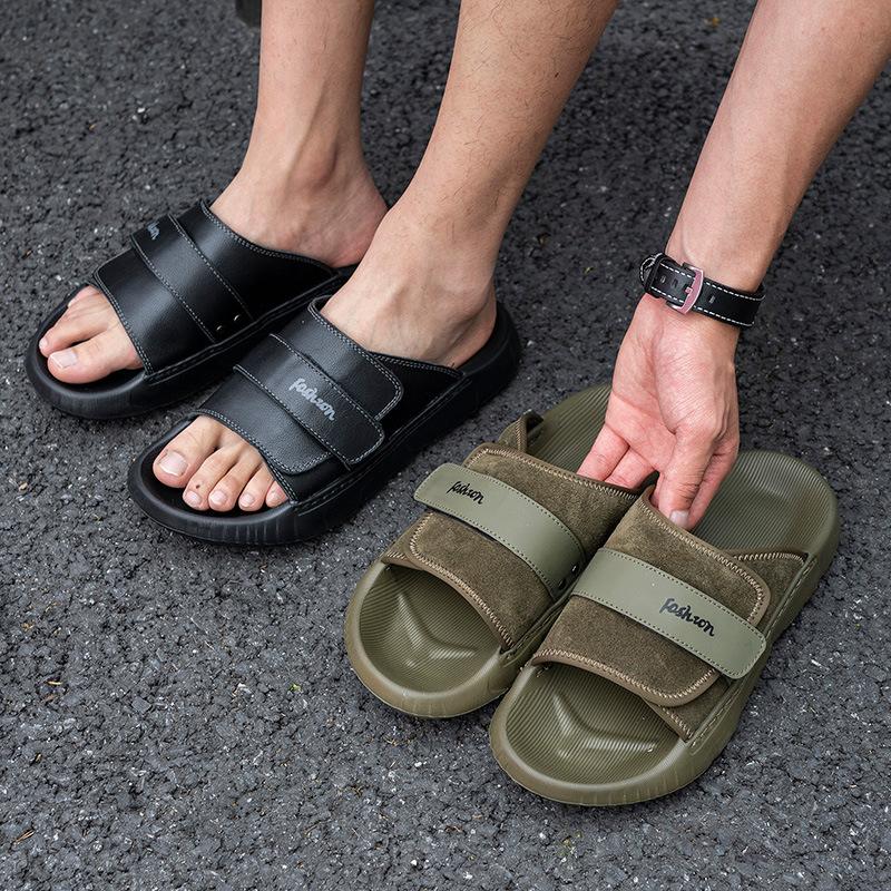 Leather slippers men's summer trend outer wear casual soft bottom one-word drag fashion sports light cool slippers men's
