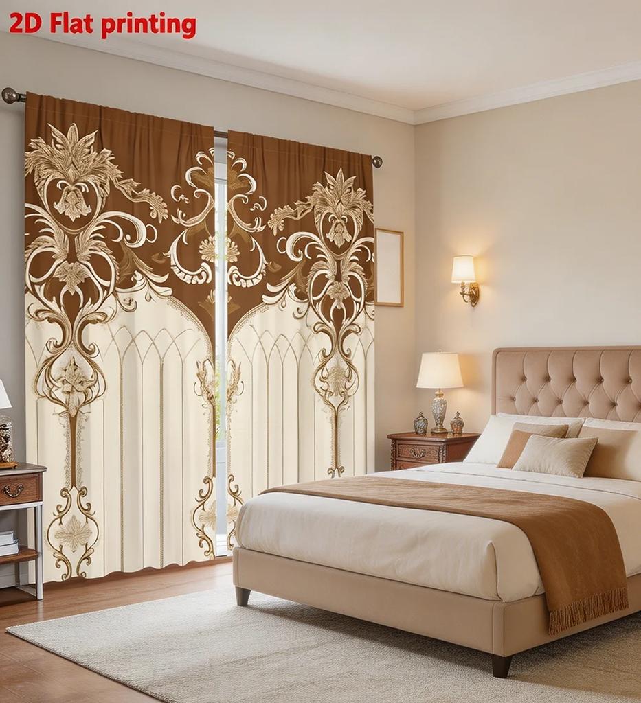 2PCS Digital Printed Curtains, Beige Brown Palace Damask Luxury Classic, Rod Pocket Window Drapes for Living Room Bedroom Decor