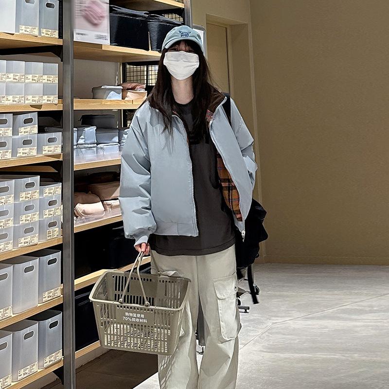 

Wearing thickened winter coats on both sides, stand-up collar plaid cotton clothes, women s casual trendy brand retro loose cotton-padded clothes XL синий