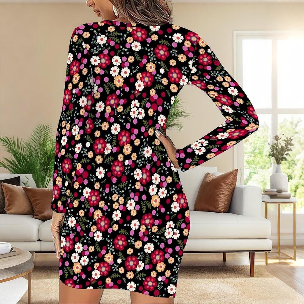 2025 Outono e Inverno Novo Estampa Floral 3D e Tingimento Moda Feminina Manga Longa Gola Redonda Vestido Envolvente de Quadril Dia dos Namorados Limitado