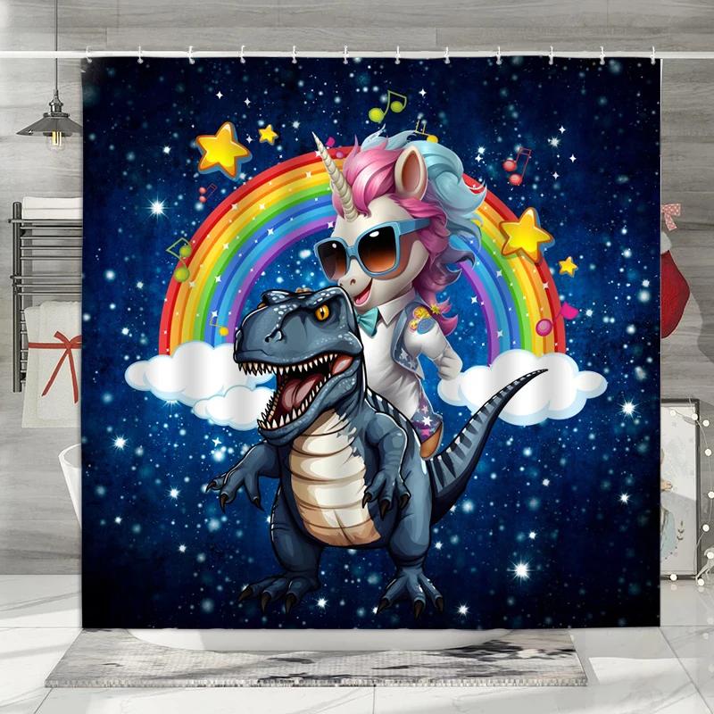 Funny Unicorn Dinosaur Kids Shower Curtain Cute Cartoon Animals Rainbow Galaxy Space Planet Cool Boys Girls Bathroom Decorative