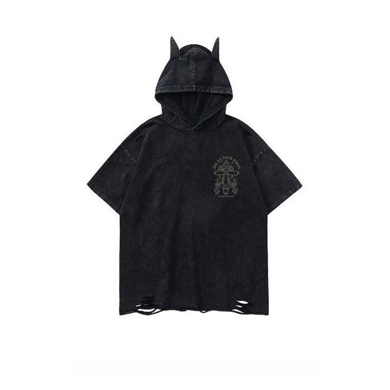 

2KWEIRD Y2k Топ Хип-хоп Уличный шик Дизайнерские худи с коротким рукавом с буквенным гранж-принтом Выстиранный винтажный Всепогодный футболка Женщины XXXL чёрный