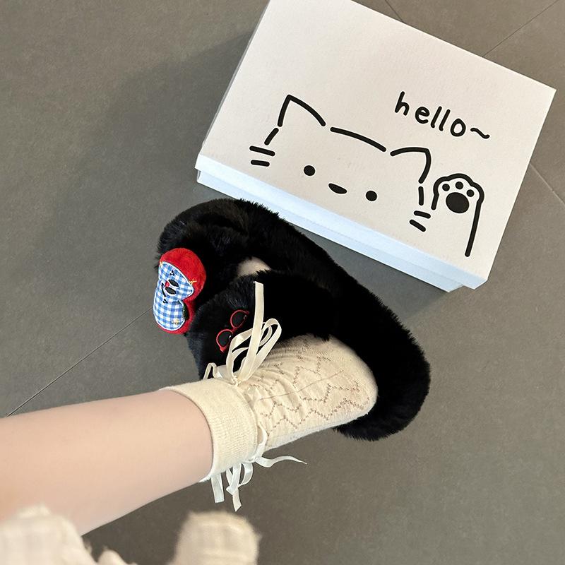 Cute cartoon fluffy slippers for women to wear autumn and winter new retro versatile cotton slippers thick-soled fluffy shoes