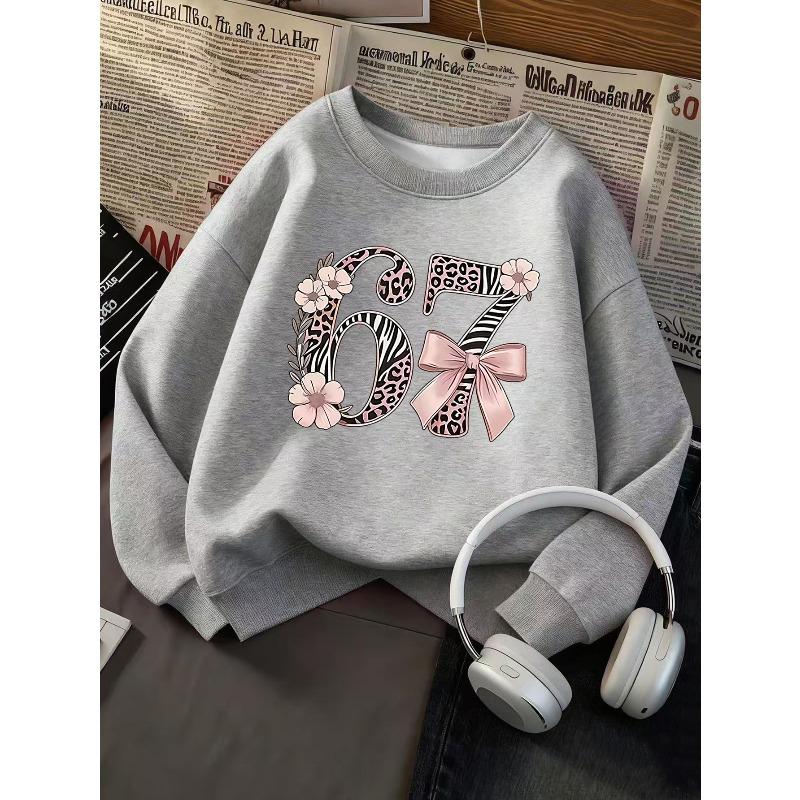 Kids Girls Crewneck Sweatshirt, Leopard Zebra Print Flower Bow Number 67 Long Sleeve Pullover, Cute Birthday Sweatshirt For Kids Over 4 Years Old
