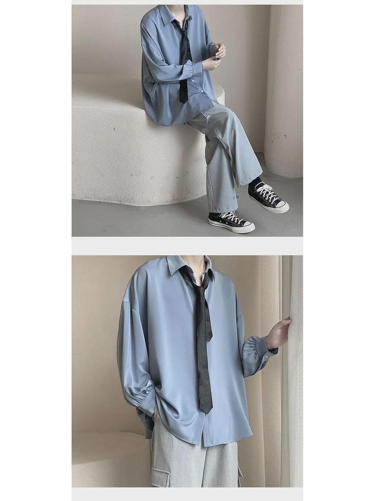 Men's Loose Fit Korean Style Pleated Cuff Shirt with Long Sleeves - Spring/Autumn Fashion.