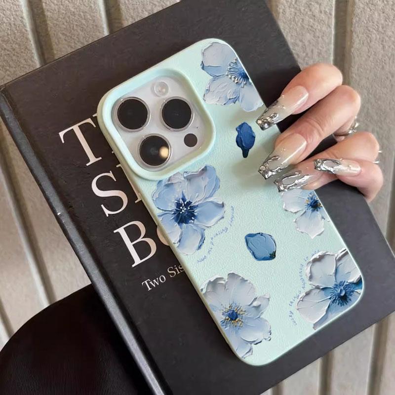

Oil Painting Blue Flower Pattern Design Protective Cover for iPhone 17 16 15 14 13 12 11 16E Series Pro Max Plus iphone 14