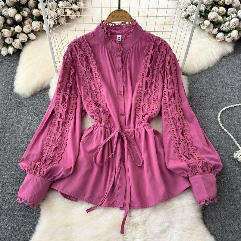 

Fancy Shoelace Waist-Tight Cut Out Crocheted Socialite Shirt Rose Red One size