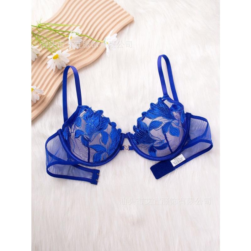 Women French Style Lace Sexy Perspective Embroidery Gathering Push Up Bra