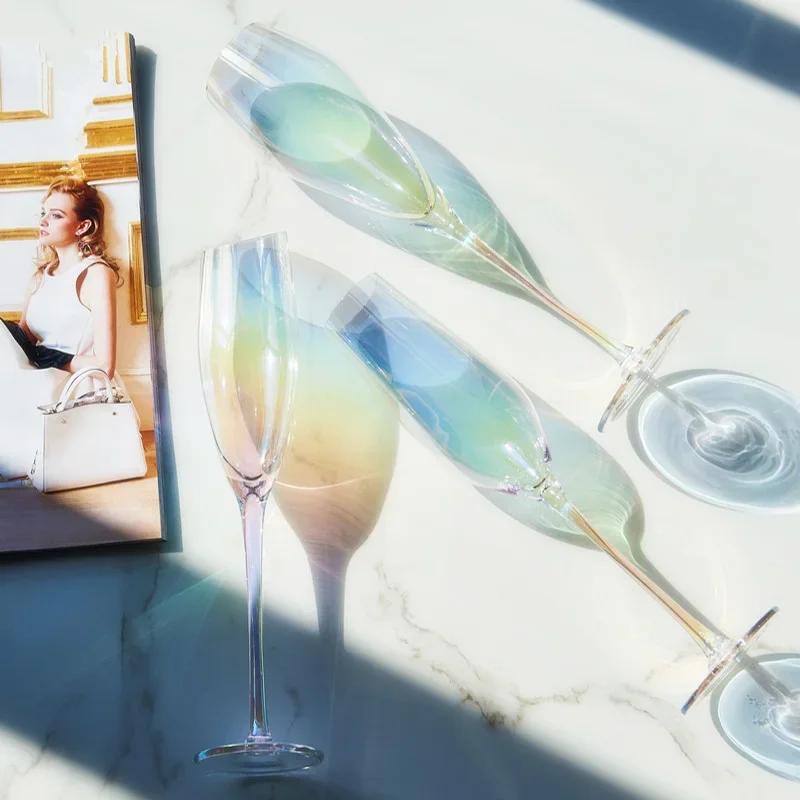Luxusní duhové sklenice na víno s přechodem barev, Křišťálová sklenice na šampaňské, whisky, koktejly, Vysoké nožičky, Dárkové barové doplňky
