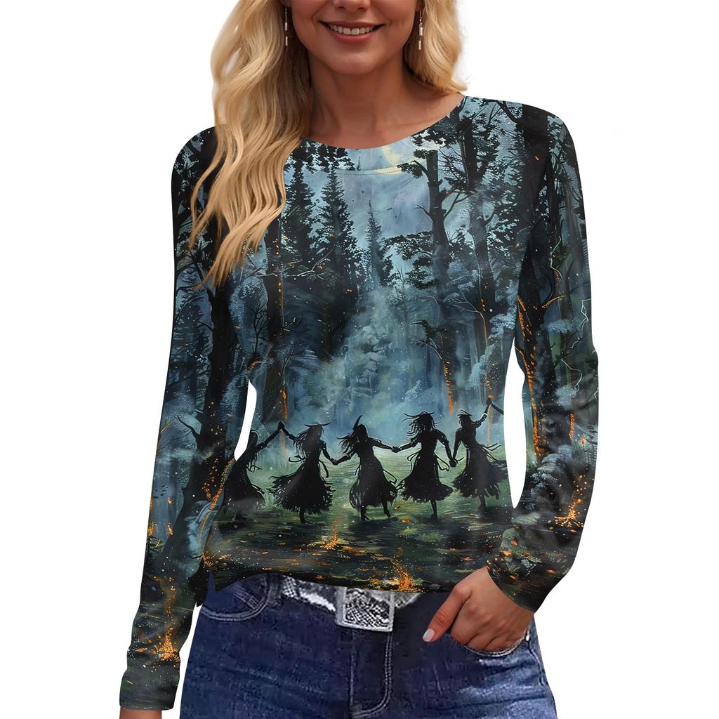 Women's Halloween Print Long Sleeve Top with Side Slit Hem, Round Neck