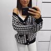 V-Neck Women Button Black Houndstooth Cardigan Long Sleeve Sweater Autumn Winter Knitted Loose Oversized Jumper Casual