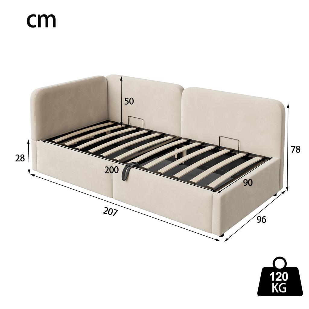 Letto imbottito 90x200 divano letto, velluto, contenitore idraulico, testiera alta, schienale intercambiabile, adatto per bambini e adulti, beige