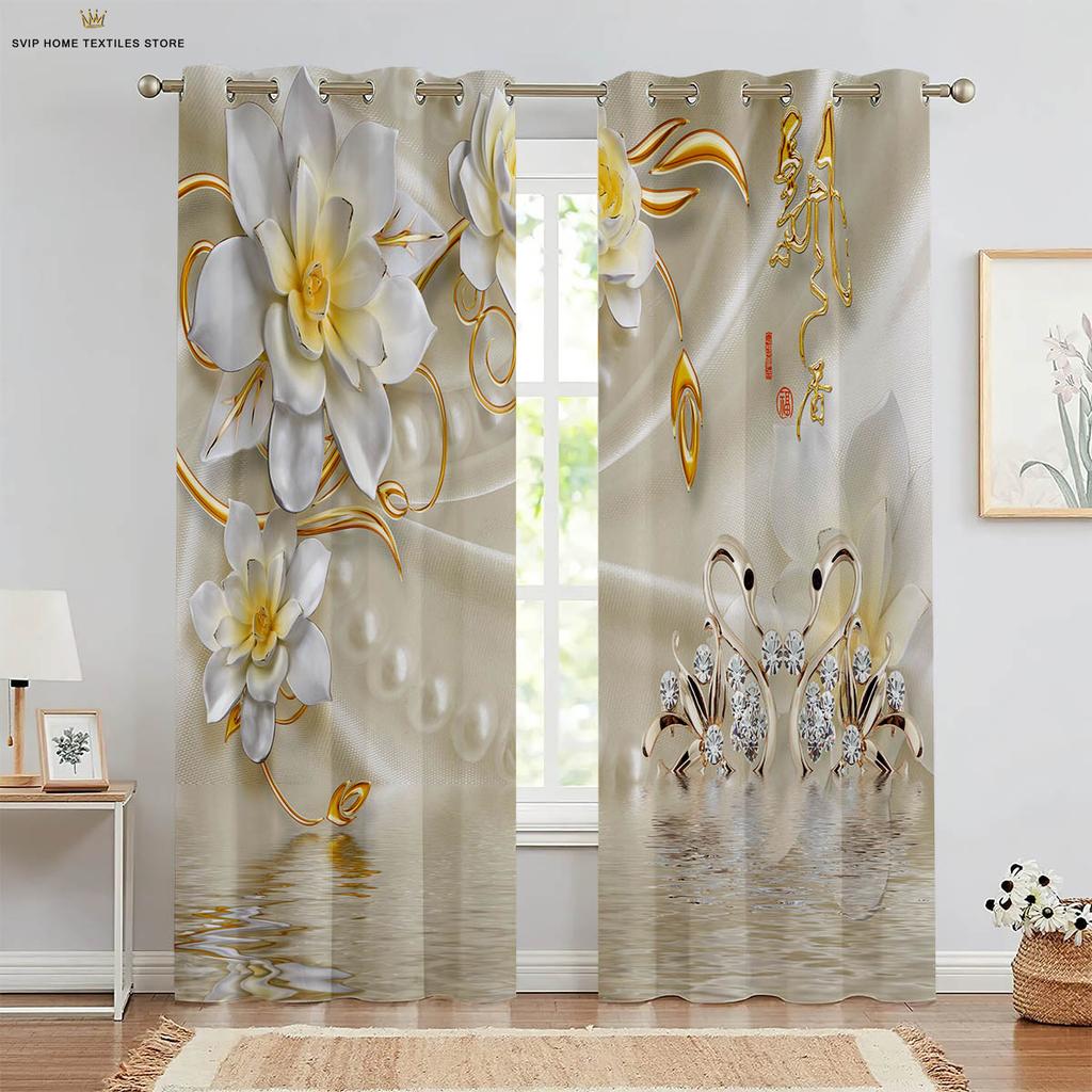 2pcs Butterfly 3D Stereo Flower Printing Curtain Rod Pocket Bedroom Living Room Kitchen Decorative Curtain Easy To Wash and Care