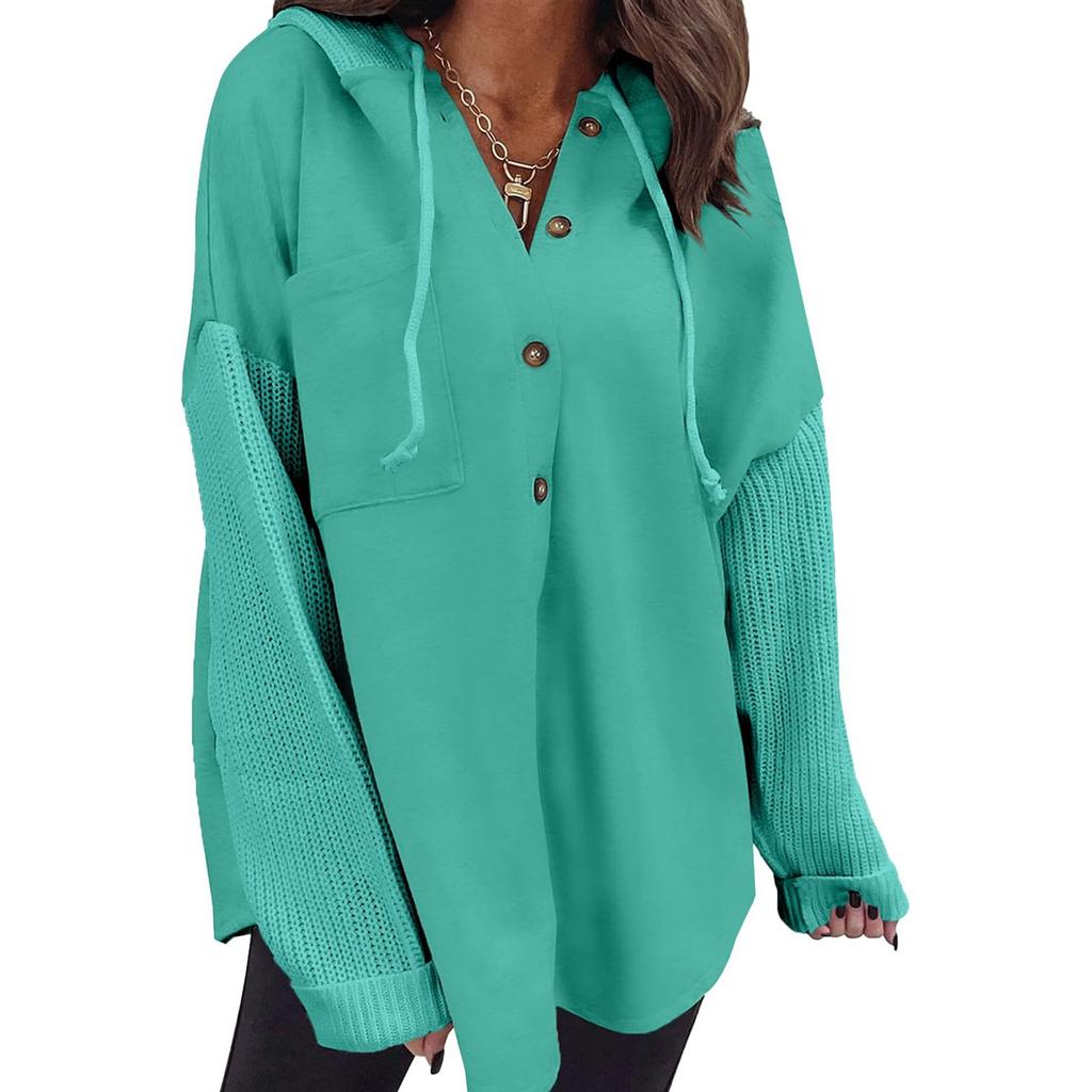 Women's Oversized Casual Long-Sleeve Button-Up Hoodie Knit Patchwork Hoodie With Pockets