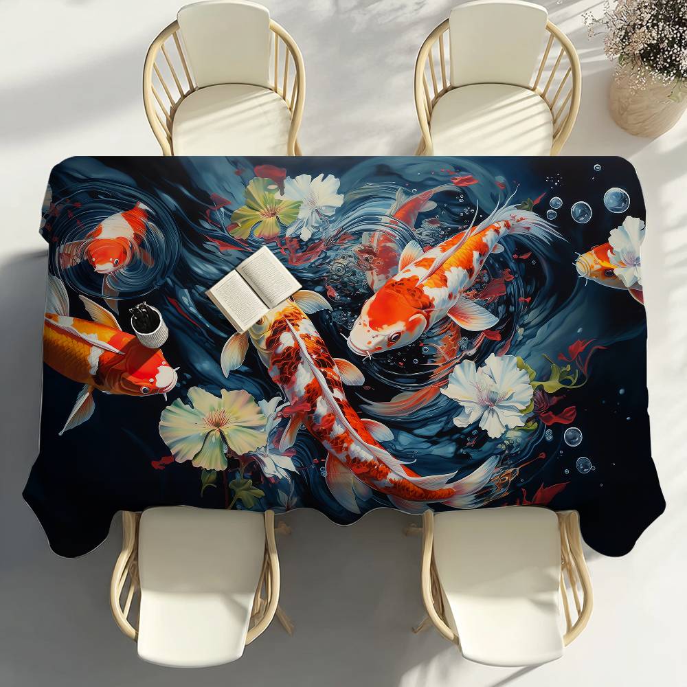 Colorful Koi Fish Table Cloth Party Decor Dining Room Home Kitchen Patios Waterproof Stain-Proof Table Cloth