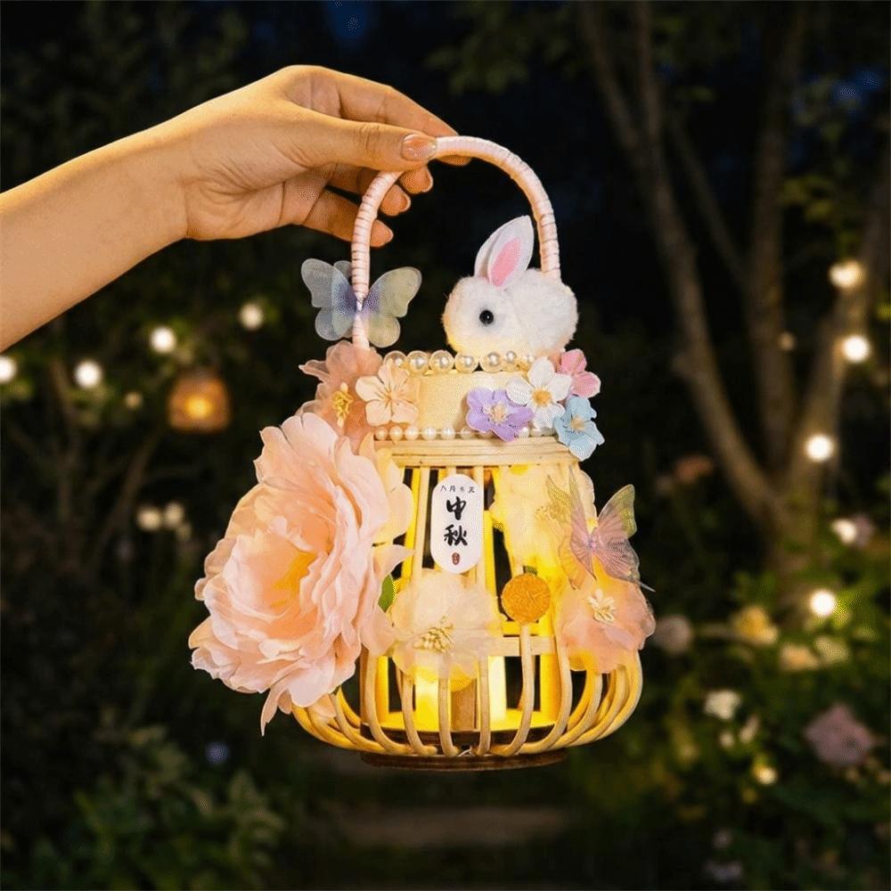 Traditionelle Rattan-Laternen im chinesischen Stil, Kaninchen-Blumen, DIY-Materialset, Laternen für das Mittherbstfest mit Licht, Handgefertigt