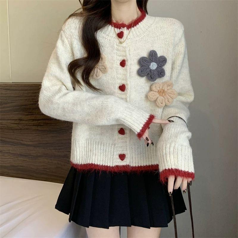 Französisches Temperament Floral Rundhals Pullover Mantel Damen Herbst Winter Lässiger Stil Kurz Gestrickte Strickjacke