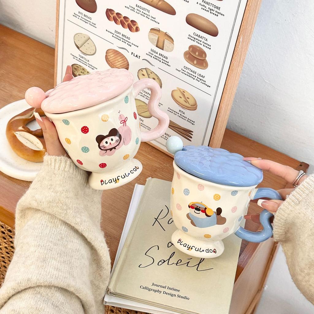 Ins Wind Puppy Mug with Lid Spoon Goblet Ceramic Water Cup Girls Cup Office Coffee Breakfast Cup Cup