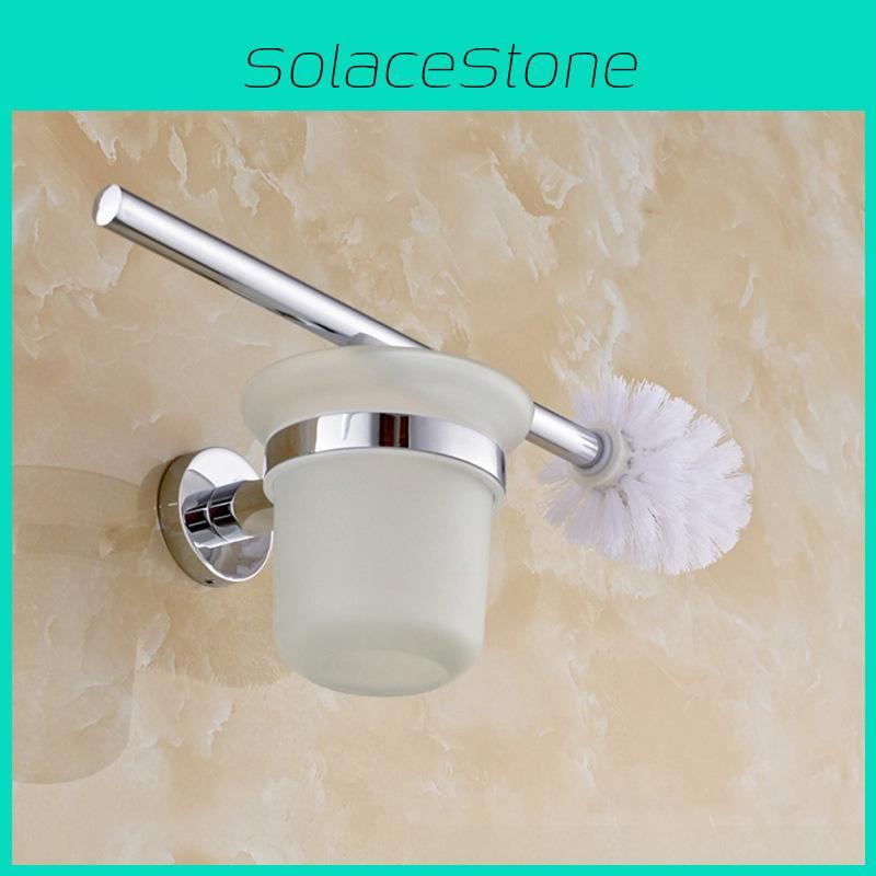 Round Wall Chrome Mounted Toilet Brush And Frosted Glass Holder For Bathroom Use