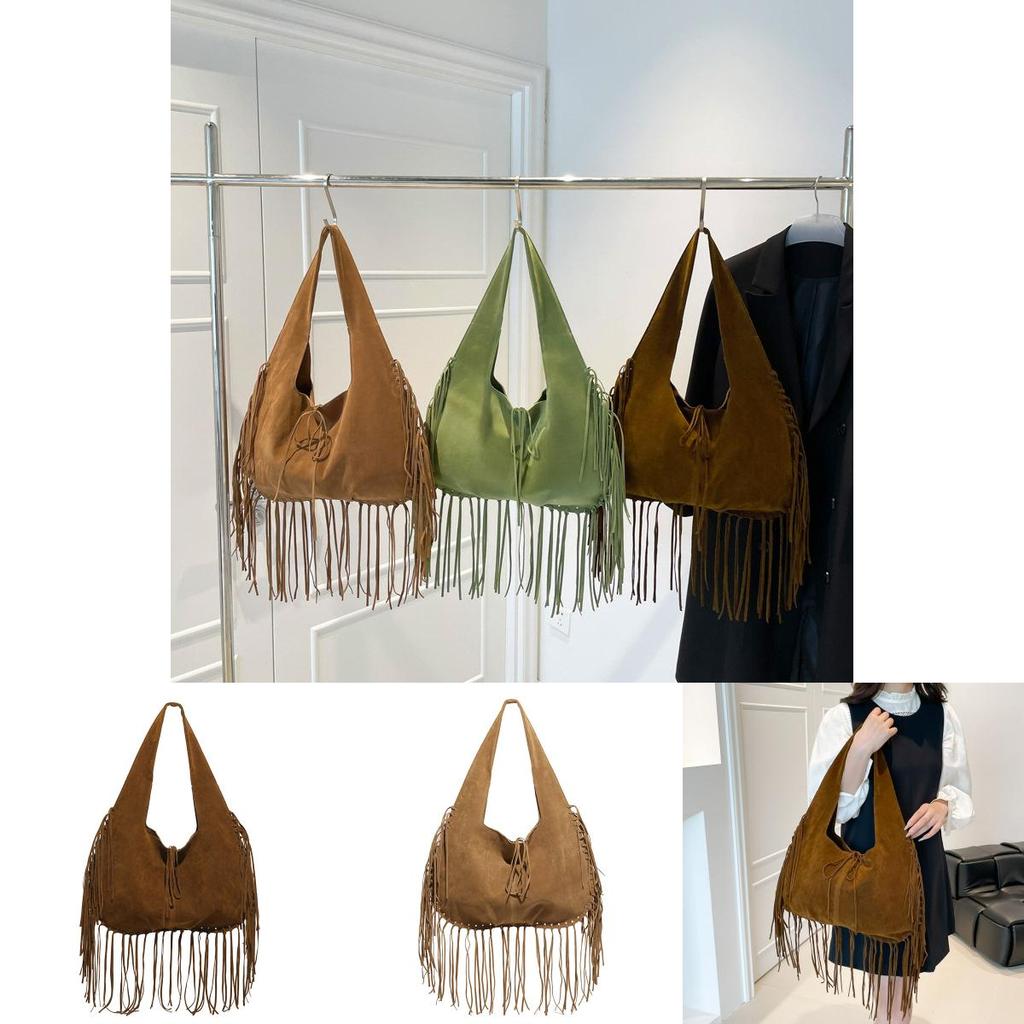 Vintage Suede Shoulder Tote Bag With Tassel Design And Solid Color For Daily Use